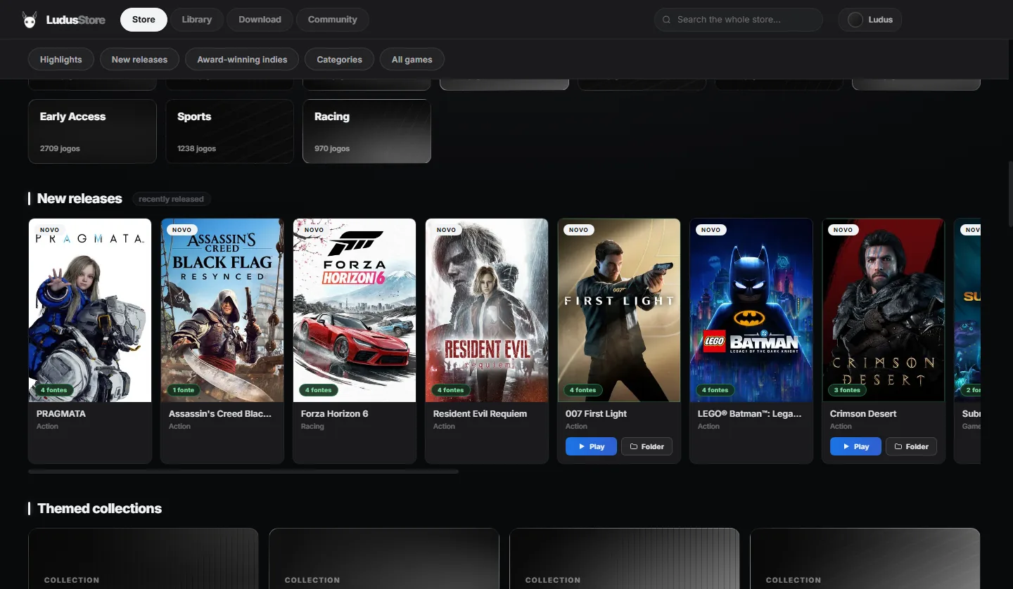 The Ludus browsing grid: new releases with cover art, source counts and Play buttons